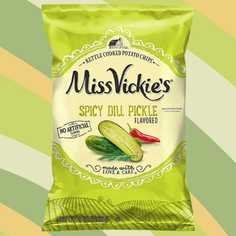 Miss Vickie's Spicy Dill Pickle Potato Chips, 8 oz bag available at CrunchyFix with free delivery