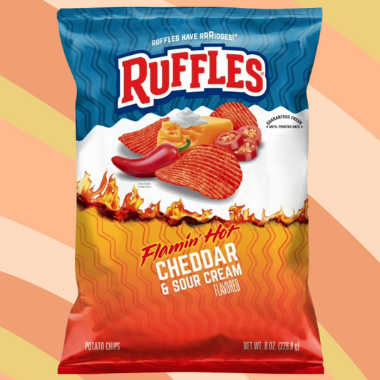 Ruffles Flamin' Hot Cheddar & Sour Cream Potato Chips, 8 oz bag available at CrunchyFix with free delivery